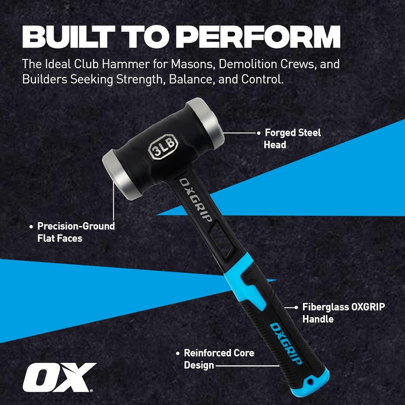 Ox Pro Ultrastrike 3lb Sledge Hammer with Vibration Dampening Bridged Neck and Ergonomic Non-Slip Grip - Ultimate Durability with One Piece Steel Club Hammer -P086803 Heavy Duty Sledge Hammer - Image 4